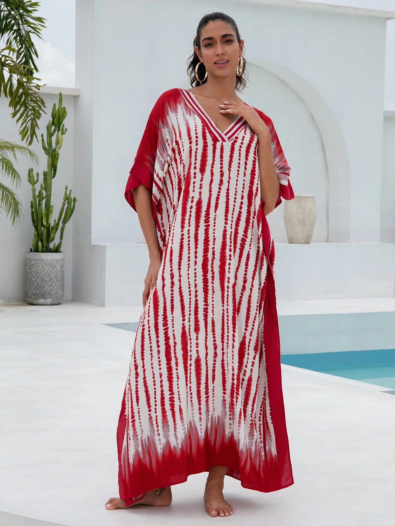 Red Stripe Women  Loose Fitting Long Robe Beach Vacation V-neck Sunscreen Clothing