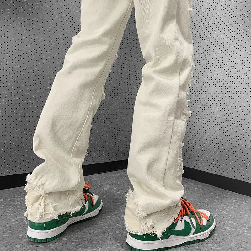 Fashion Stretch Patch Jeans Patchwork Creative Tassels Decoration Straight Denim Trousers  Jean Pants