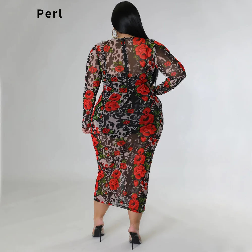 Round Neck Stretch Perspective Hip Dress Printed Long Dress Plus Size Outfit for Women