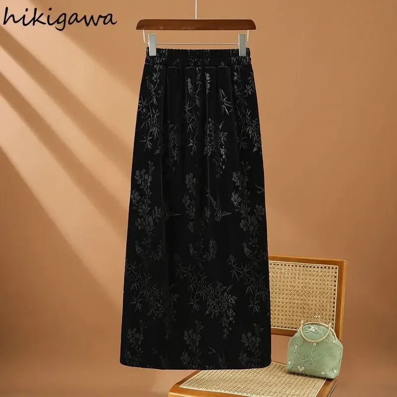 Chinese Style Vintage  High Waist  Floral Bodycon Split Skirts