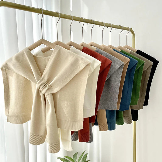 Neck Guard Scarf Solid Color Woman's Knitted Warm Shawl Winter Wool  Shoulders Fake Collar Cape Knotted Scarf