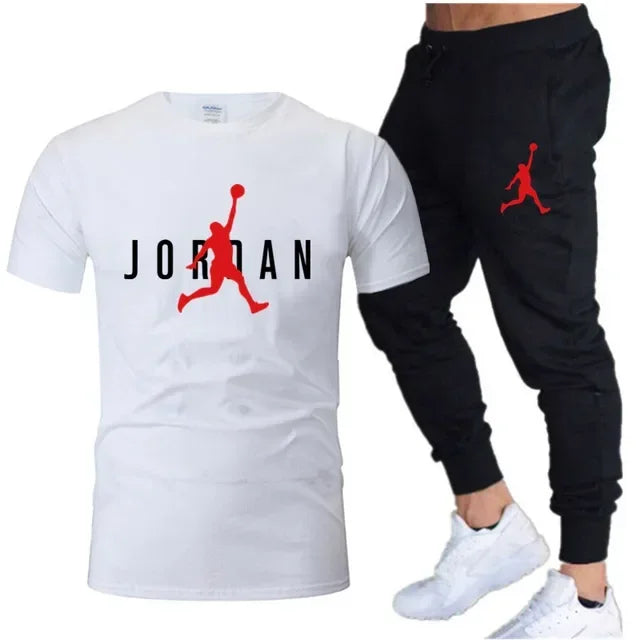 Summer Men's Tracksuit Suit Brand Short Sleeve T-Shirt + Trousers 2-Piece Sets Fitness Jogging Sports Pants Sportswear Suit