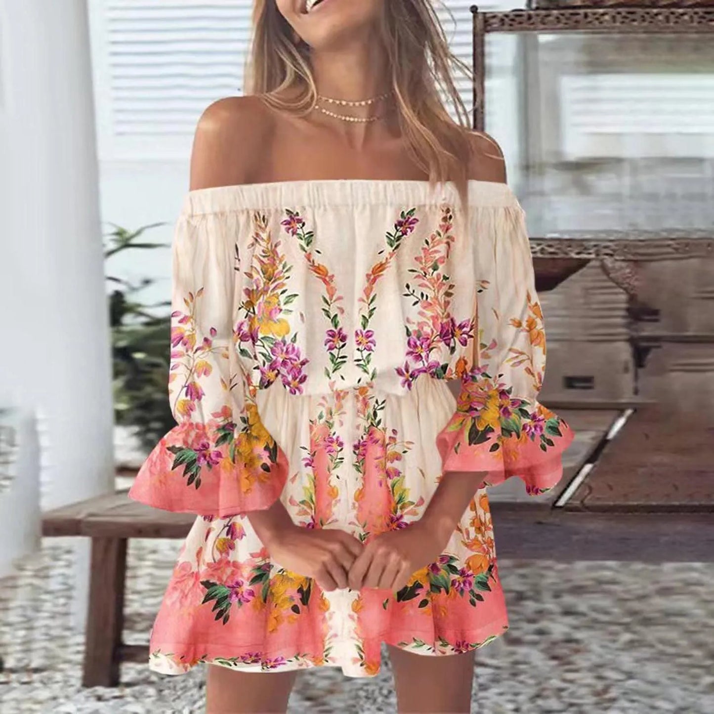 Summer Sexy Off Shoulder Party Dress Women Sexy Print Tunic Sundresses Casual Loose Fit Bell Sleeve Mini Dress