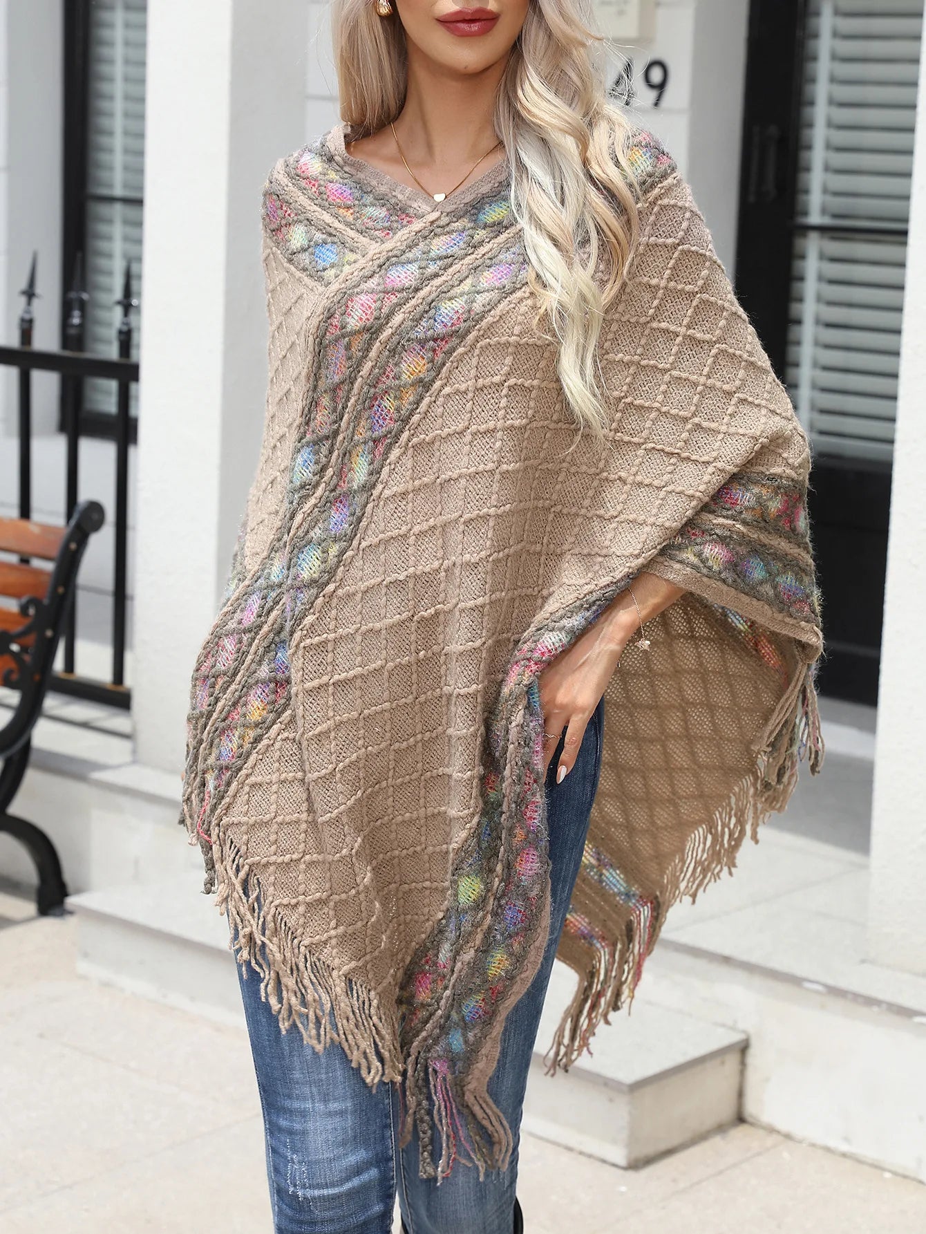 New Tassel Sweater Plus Size Pullover Shawl V-Neck Knitwear Women's Straight Shoulder Rainbow Striped Tassel Cape Shawl Sweater