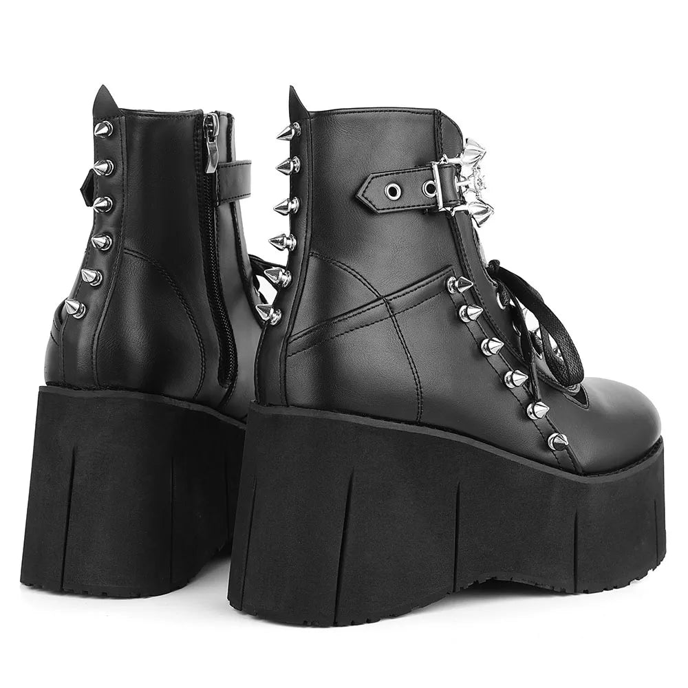 Goth Punk Stylish High Platform Ankle Boots High Wedges Heel Side Zipper Round Toe