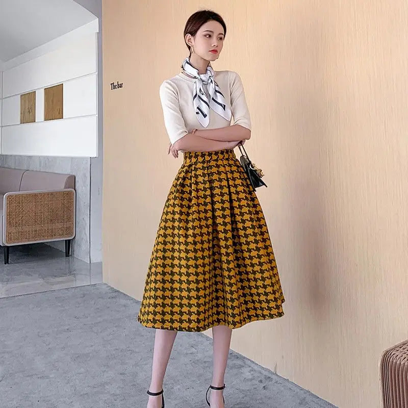 Plaid Woolen Skirts for Women Retro  A-line Contrast Color Long Skirt