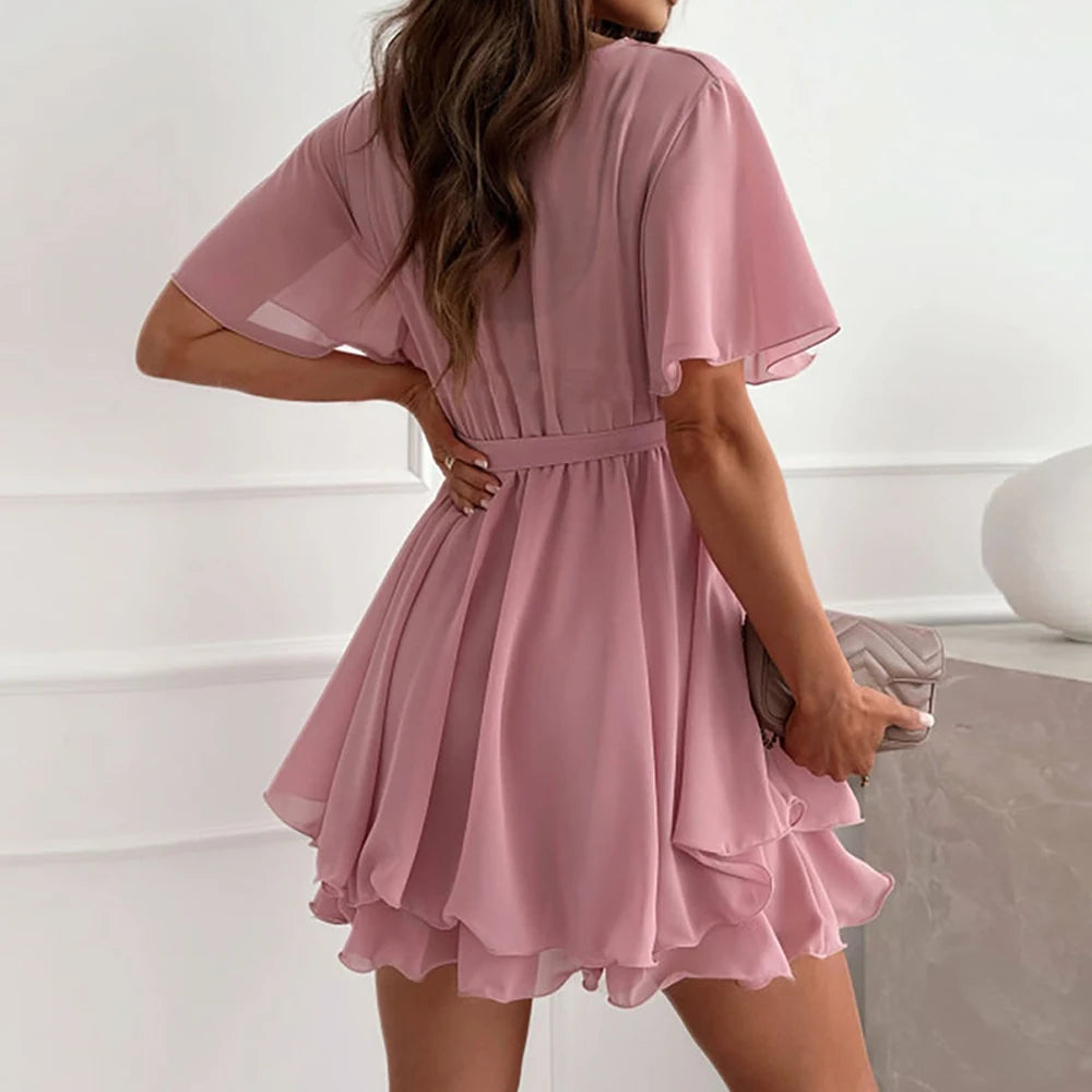 Chiffon Short Sleeve Slim Fit  Vintage Dress