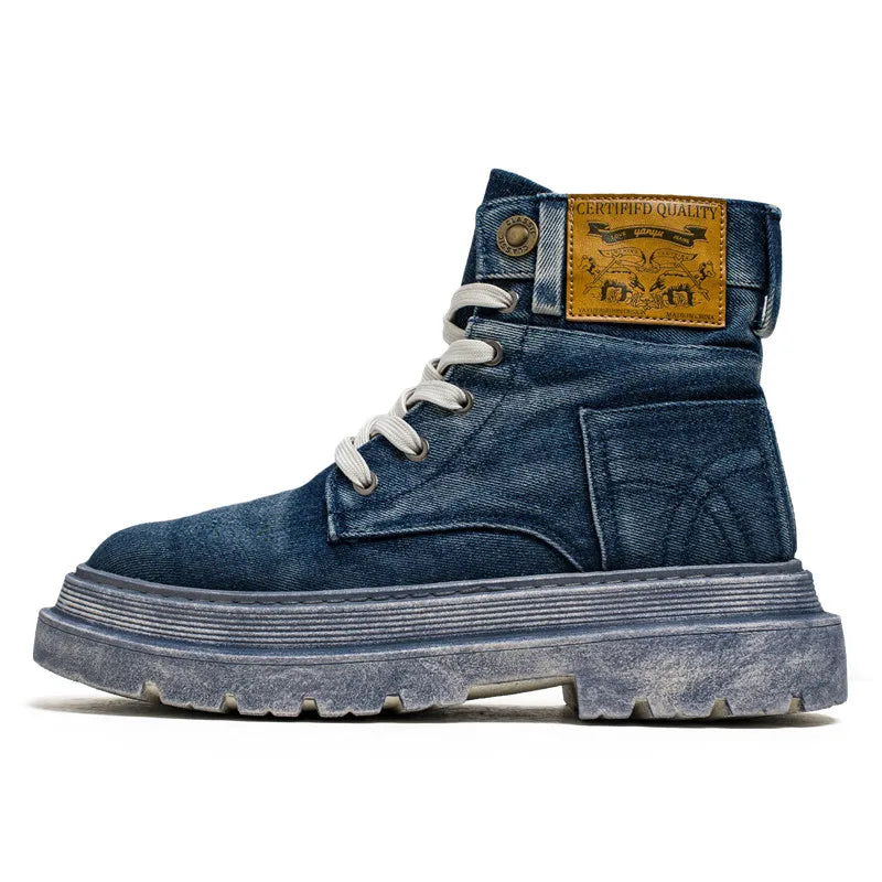 Retro Blue Denim Boots Men Lace-up Platform Men's Tooling Boots Western Basic Boots Men High Top Working Shoe Men Outdoor Boots