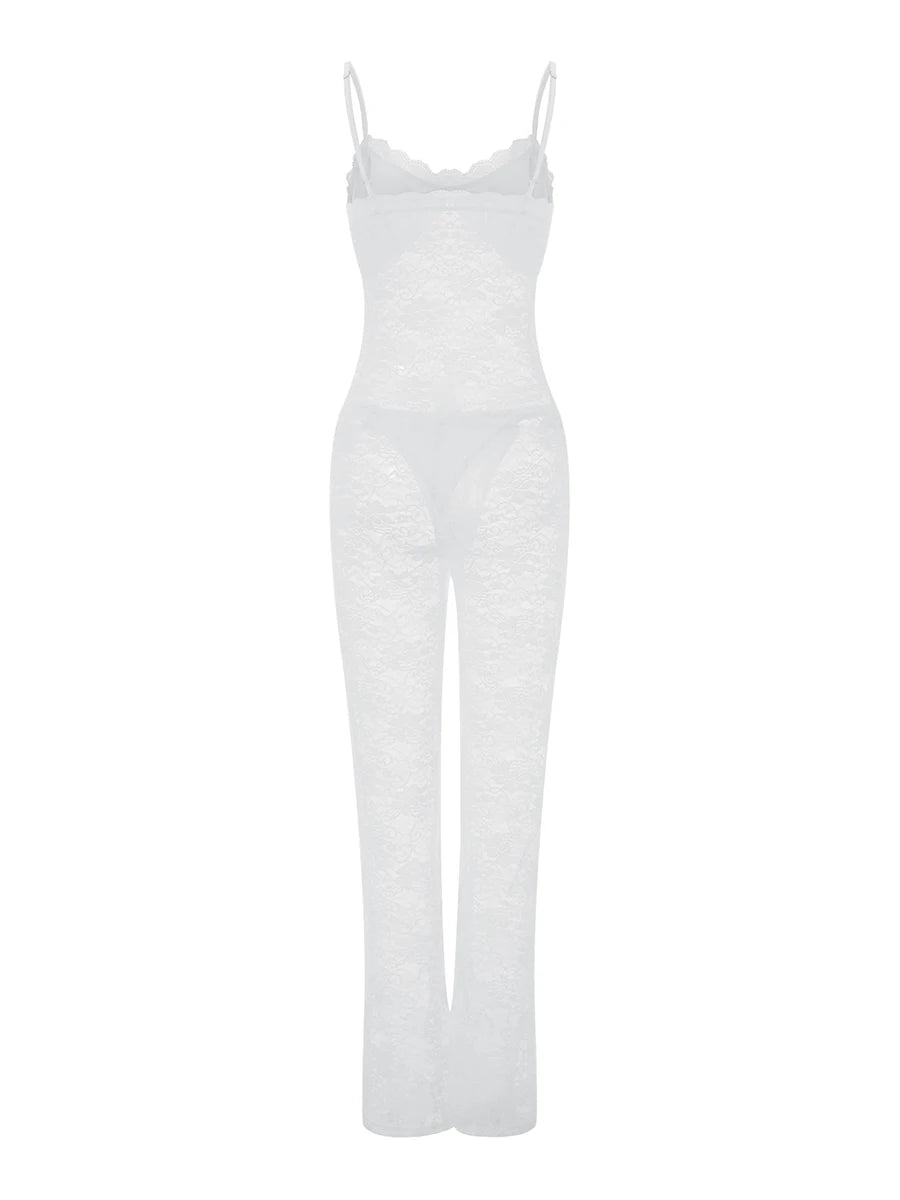 Elegant Floral Lace Romper with V-Neckline and Adjustable Spaghetti Straps Sexy Sheer Mesh Bodysuit