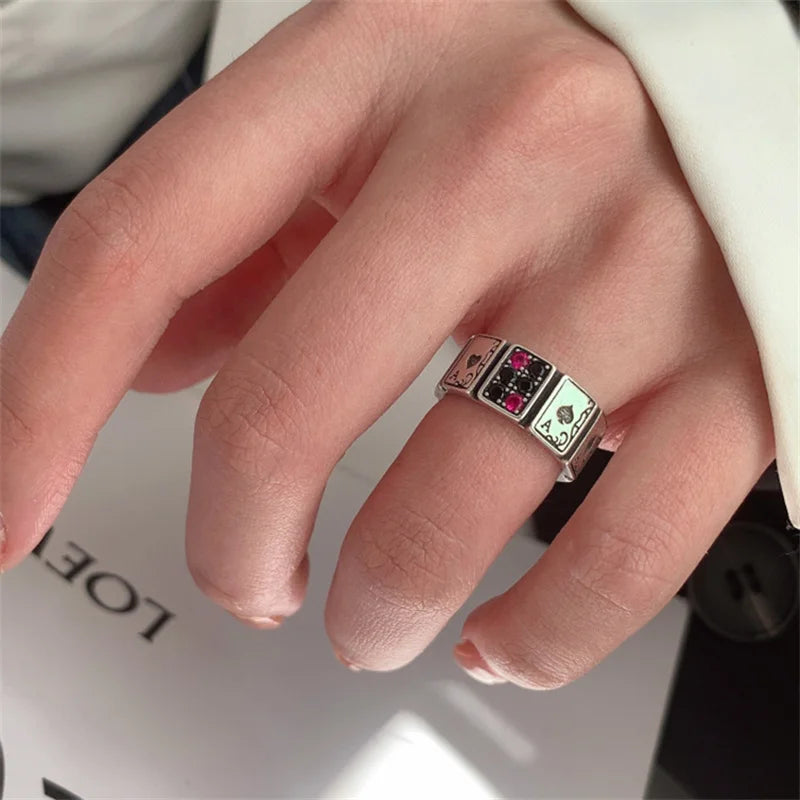 Vintage Lucky Poker Adjustable Open Rings For Women Men Playing Card Finger Stainless Steel Ring Fashion Party Jewelry
