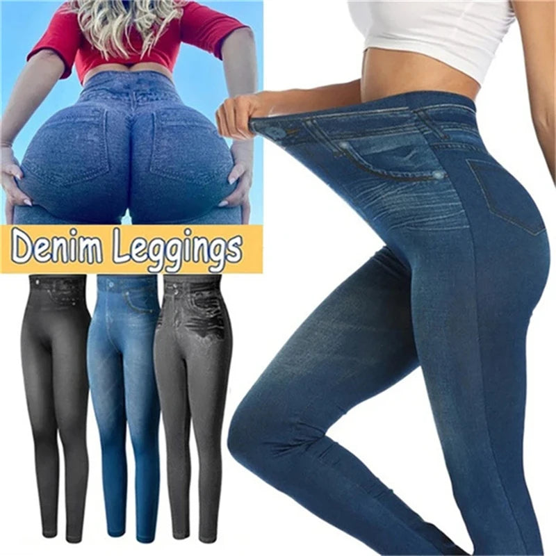 Ultra High Stretch Denim Inspired Leggings for Women High Waist Slim Fit Lifted Buttocks