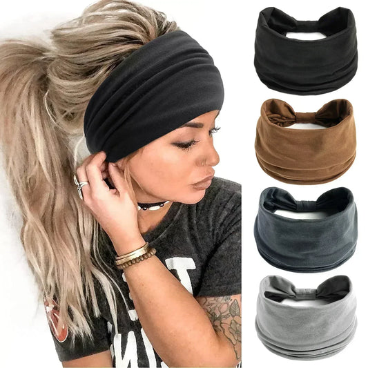 Boho Solid Color Wide Headbands Vintage Knot Elastic Turban Headwrap for Women Girls Cotton Soft Bandana Accessories Hair