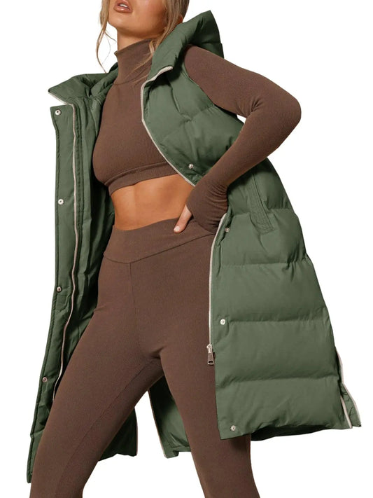 Down Vest with Stand Collar Thick Hooded Sleeveless Long Vest
