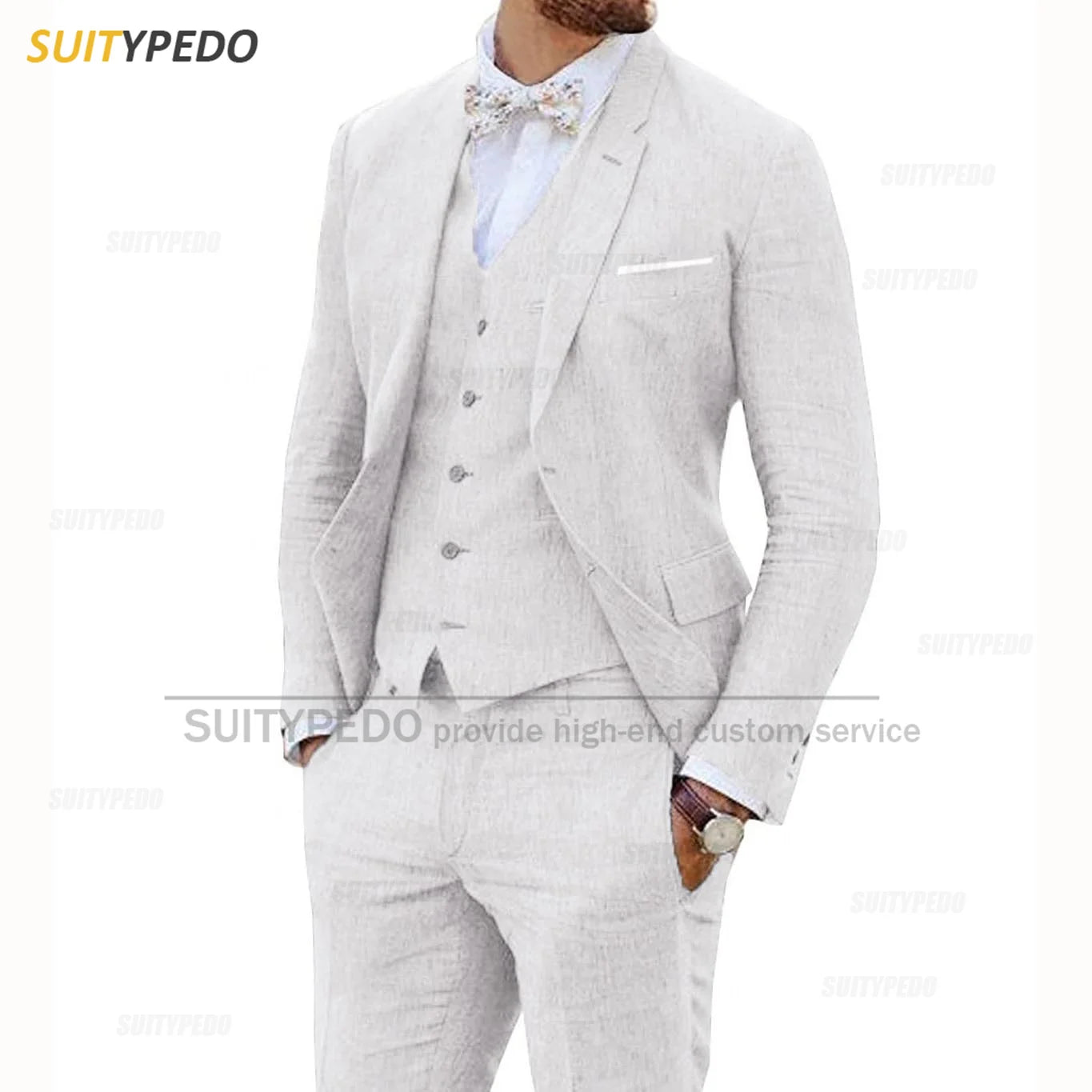 Linen Suits for Men 3 Pieces Casual Slim Fit Suit Blazer Vest Pants Set Formal Prom Wedding Tuxedos for Groomsmen Best Man