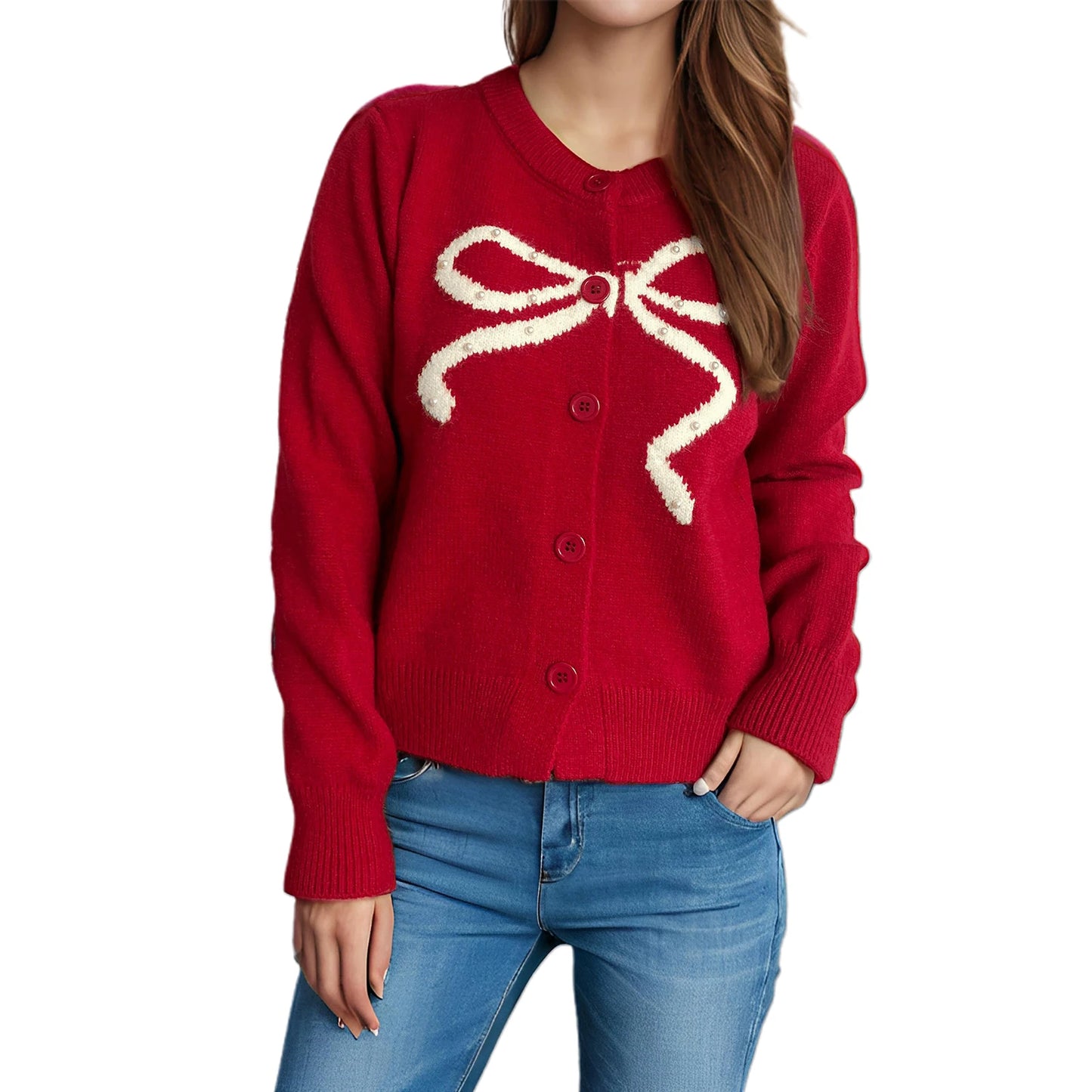 Elegant O-Neck Cardigans with Bow Embroidery and Puff Sleeves Stylish Lightweight Knitwear for Chic Street Style