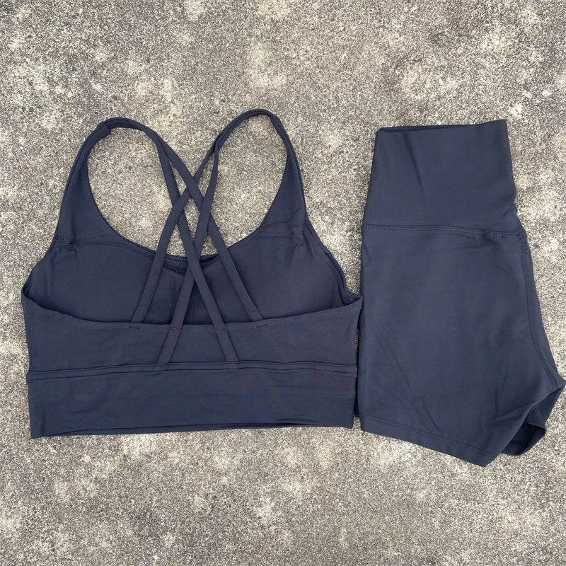 Yoga Clothes 2 Piece Gym Sports Shorts Set Women Cross Back Bra Top High Waist Shorts Fitness Suit Running Workout Tracksuit