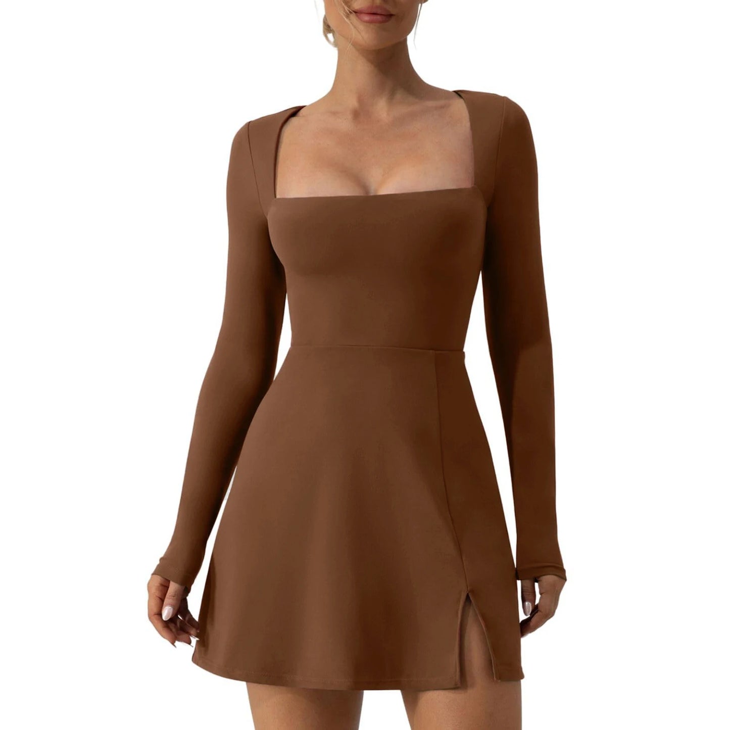 Short Dress Solid Color Long Sleeve Square Neck Split Hem Party Dress