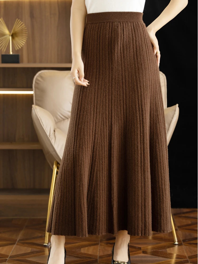 Wool Long Pleated Skirt 100% Merino Wool Knitwear