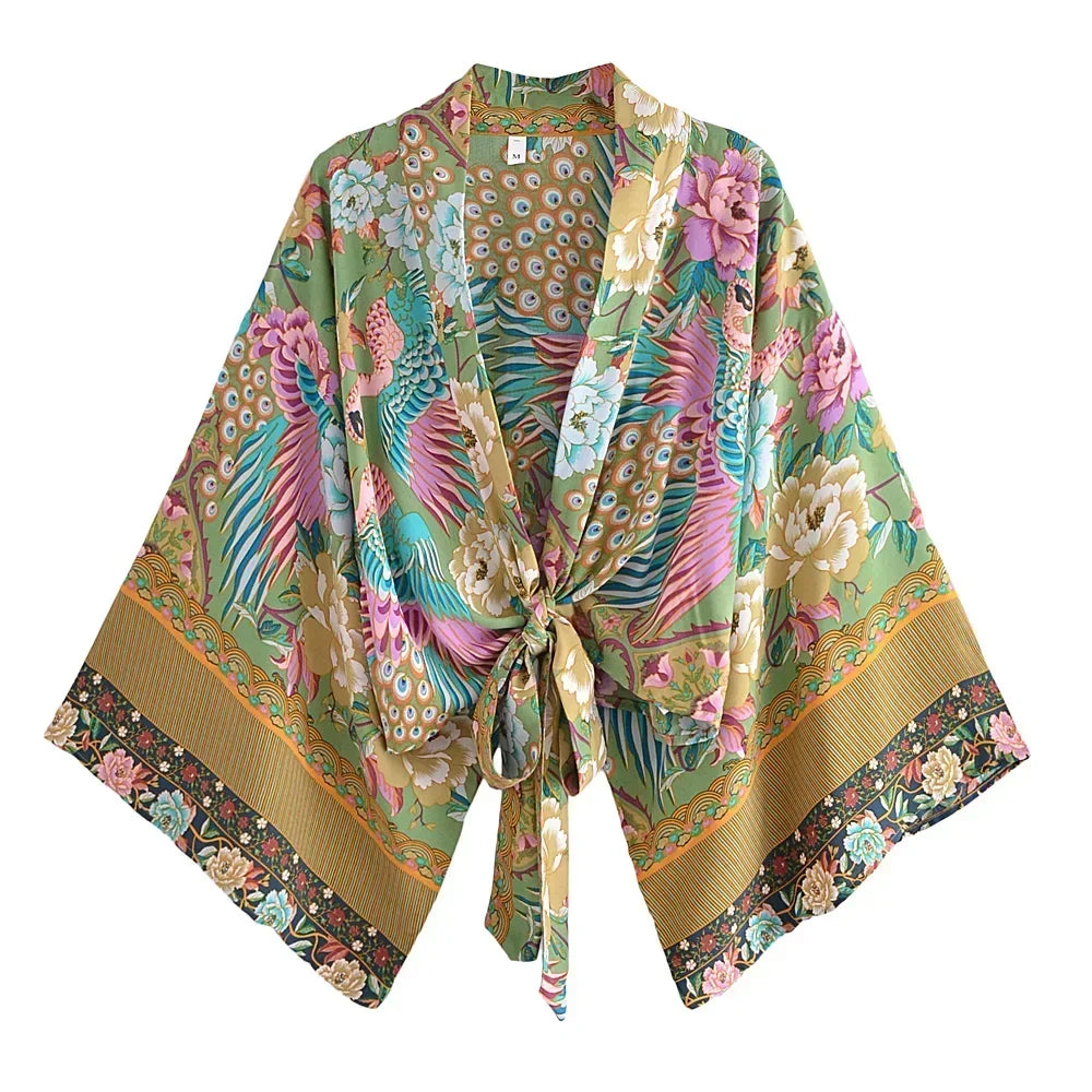 Hippie Queens Floral Print Sashes Short  Kimono Women Fashion V Neck Batwing Sleeves Lady Boho Bikini Cover-ups