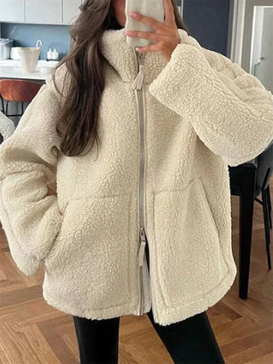 Warm Fleece Coat Casual Thick Stand Collar Long Sleeve Zip Up Wool Jacket