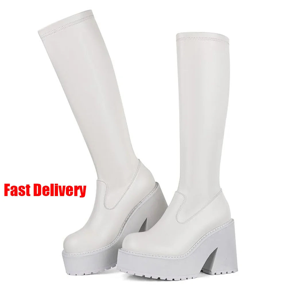 Chunky High Heeled Punk Platform Boots  Round Toe Pull-on Long Boots Knee High Boots