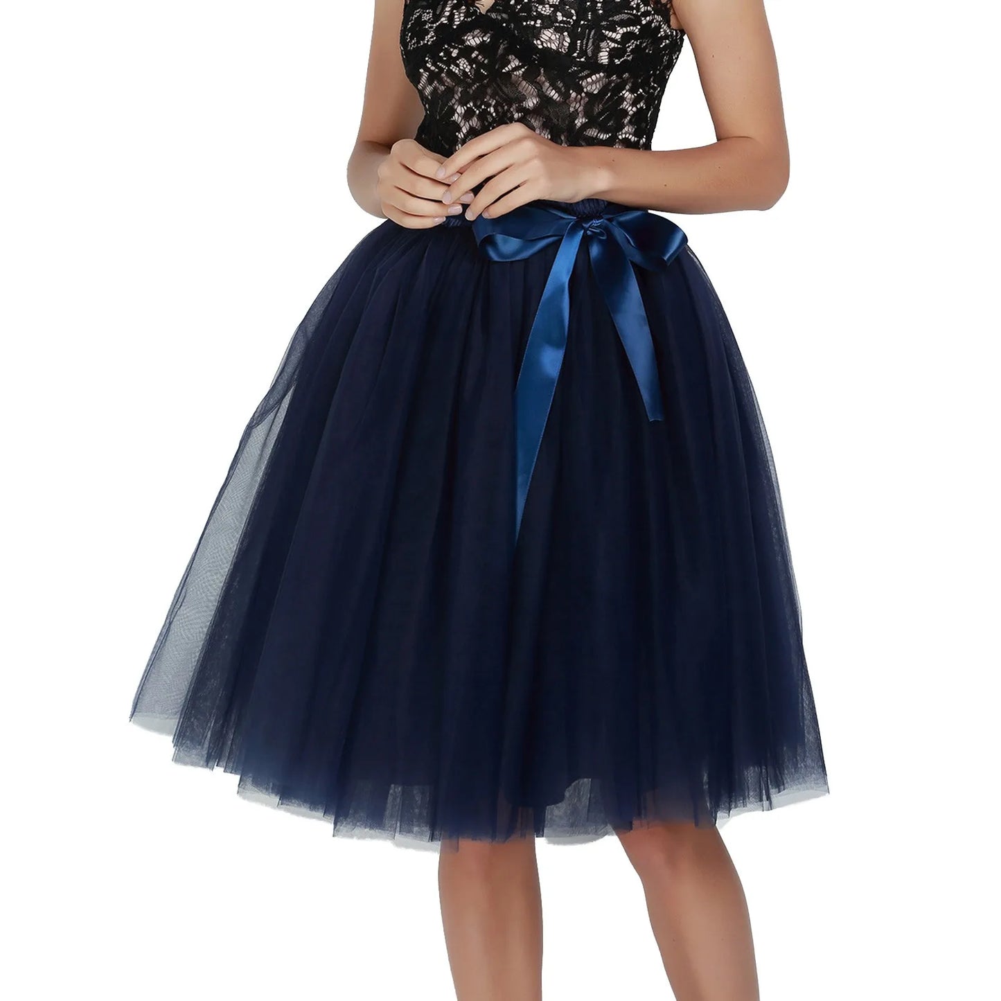 Knee Length Women A-Line Tulle Skirts Lace Up Multi Layered Tulle Petticoat Midi Skirt