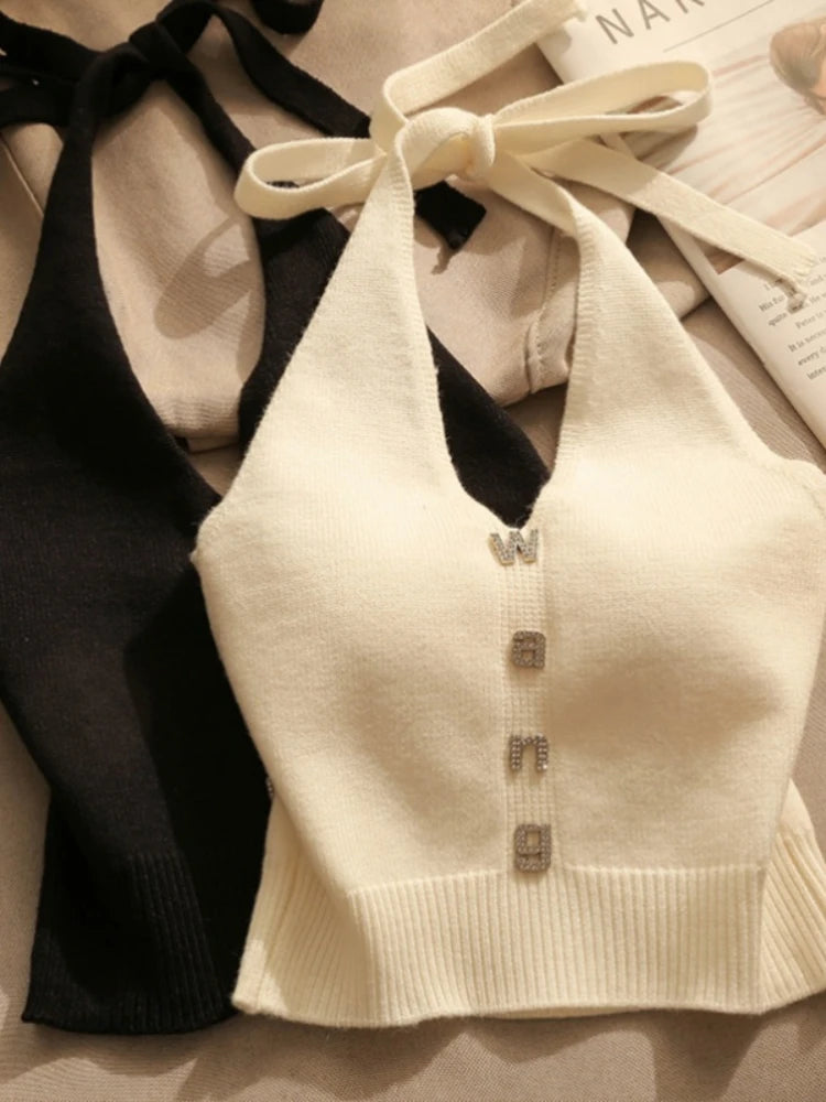 Sexy Cross Vest Crop Tops Women Sports T-shirt Knitted Off Shoulder V-Neck Solid Backless Tank Vest Halter  Top Camisole