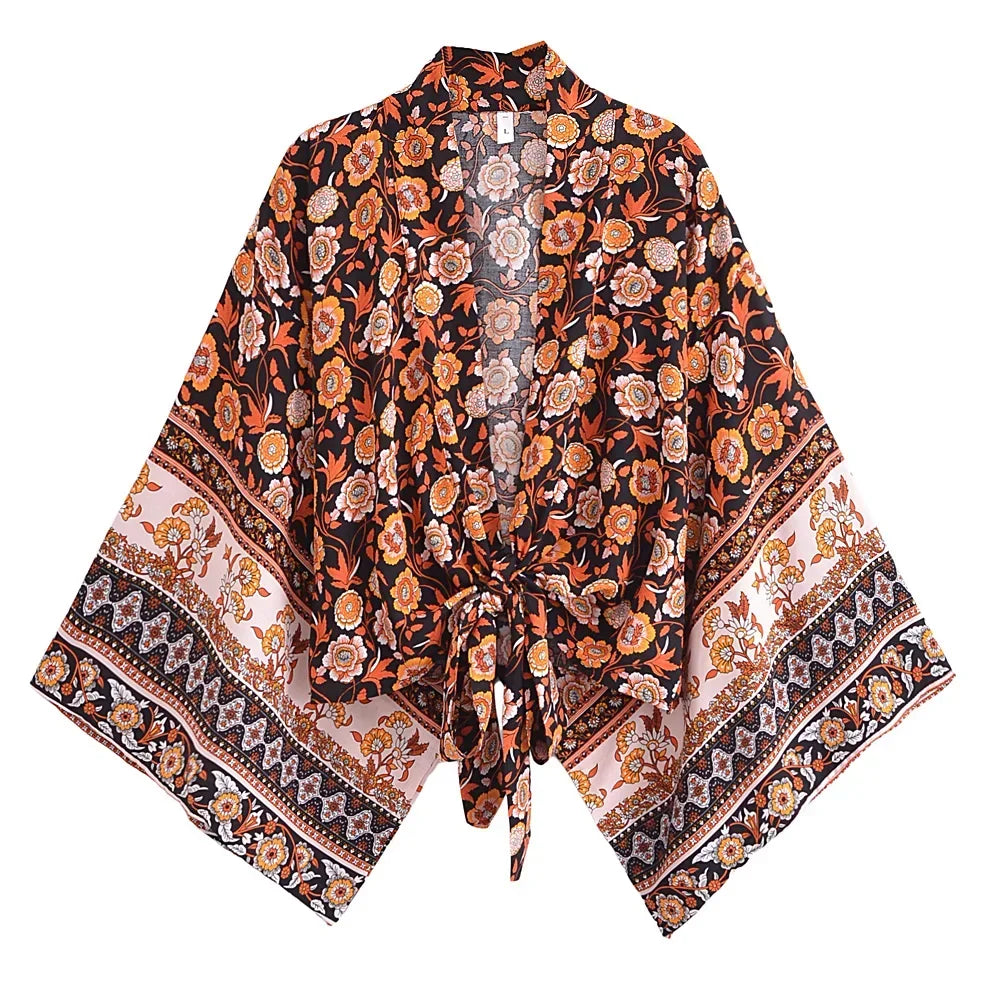 Hippie Queens Floral Print Sashes Short  Kimono Women Fashion V Neck Batwing Sleeves Lady Boho Bikini Cover-ups