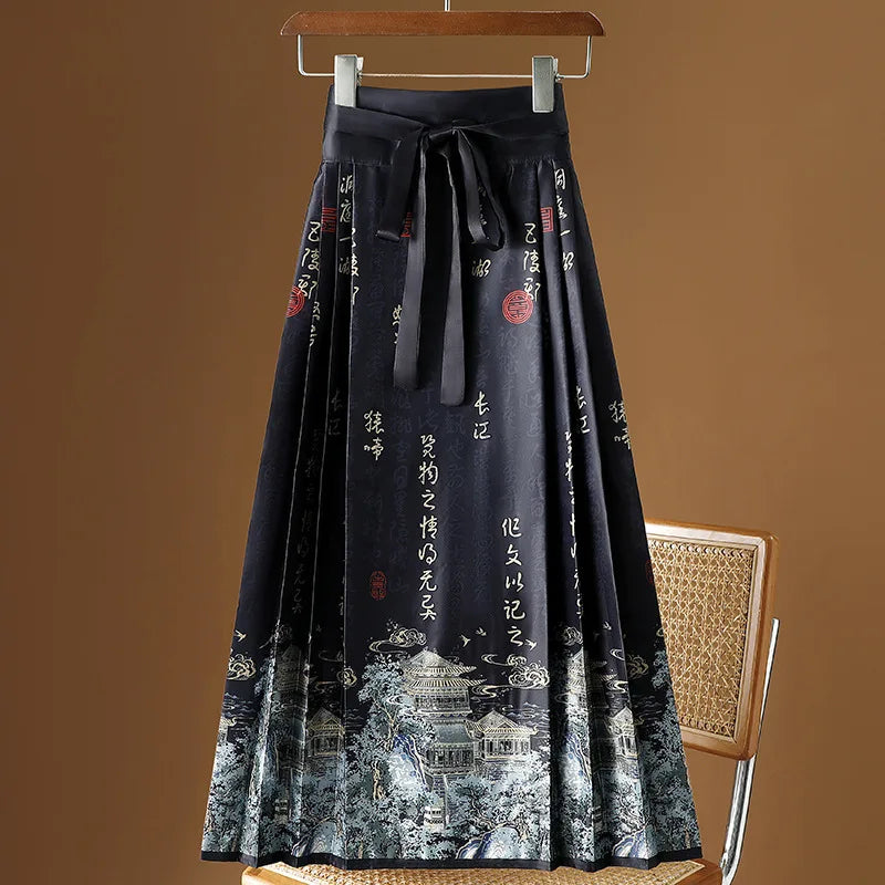 Vintage Maxi Chinese Style Horse Face Skirts  Pleated