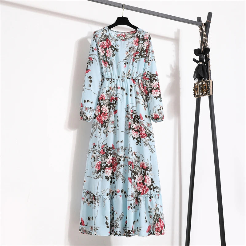 Spring Summer Women Maxi Dresses Casual Full Sleeve Floral Printed O-neck Woman Boho Beach Party Long Dress