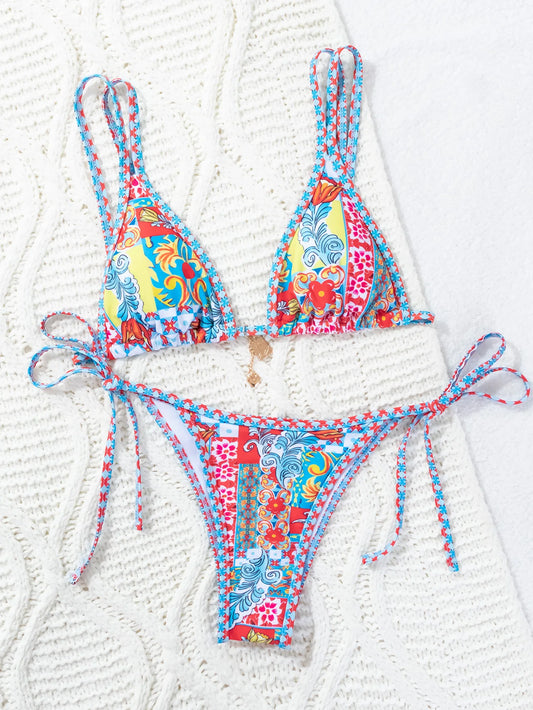 Colorful Printed Bikini Set for Women  Thong Triangle Bra 2 Piece Swimsuit Suspender Backless