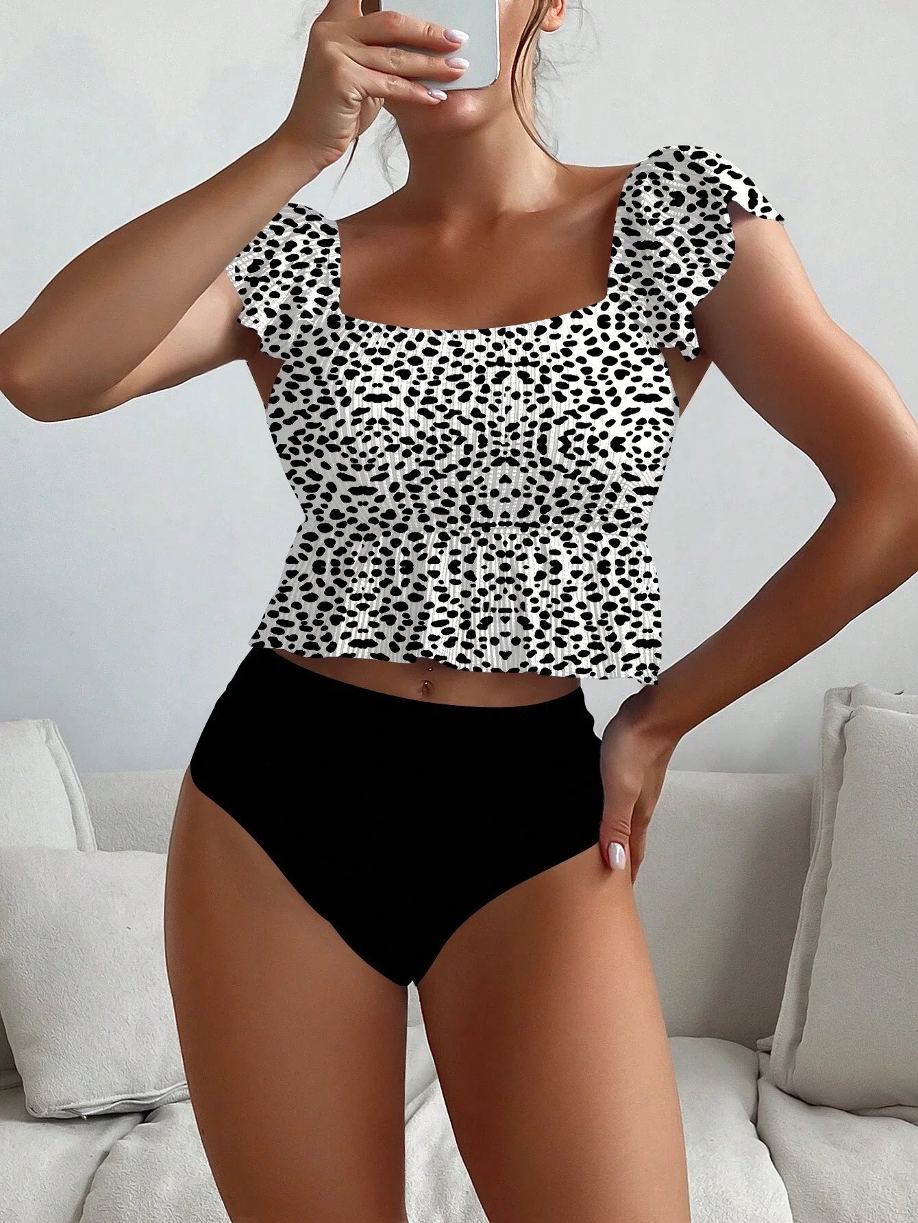 Summer Beach Striped Ruffle Trim High Waisted Bikini Swimsuit