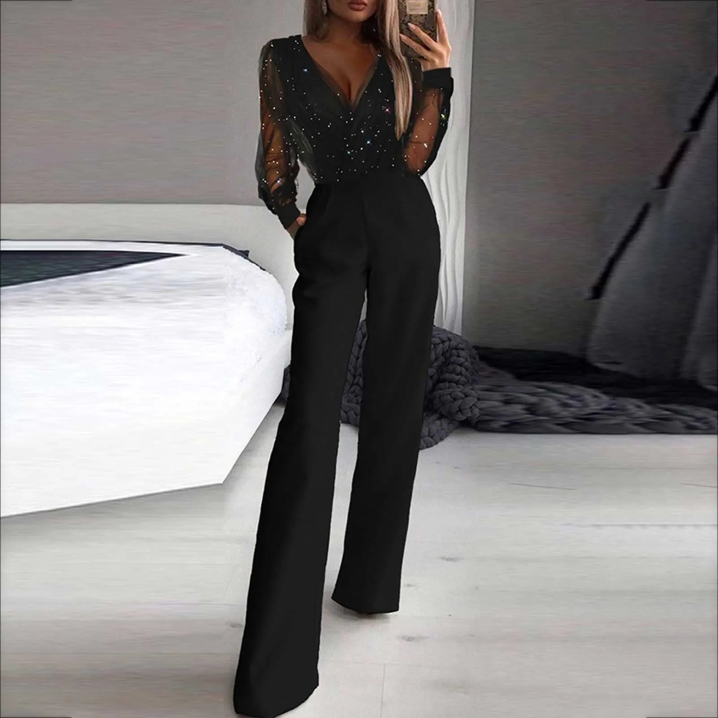 Women's Strapless Jumpsuit Casual Fashion Women's Solid Color Long Sleeved Pants Summer Woman Fluid Pants Chiffon Jumpsuit