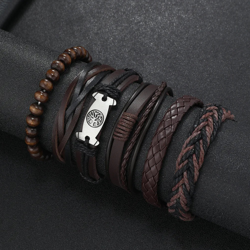Casual Bead 6 Pc/set Tree Black Khaki Handmade Men Bracelets Male Women Leather Bracelets Men Bangle