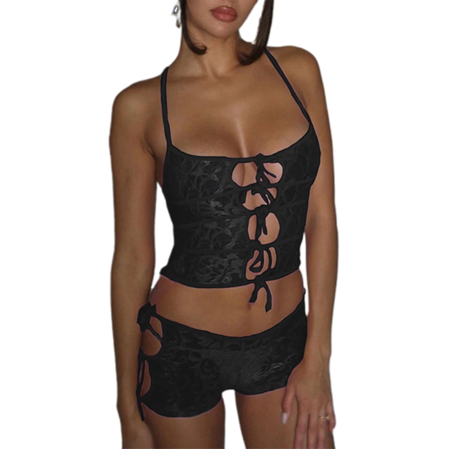 Lace Lingerie Set with Cut-Out Detail and Bodycon Shorts - Nightwear