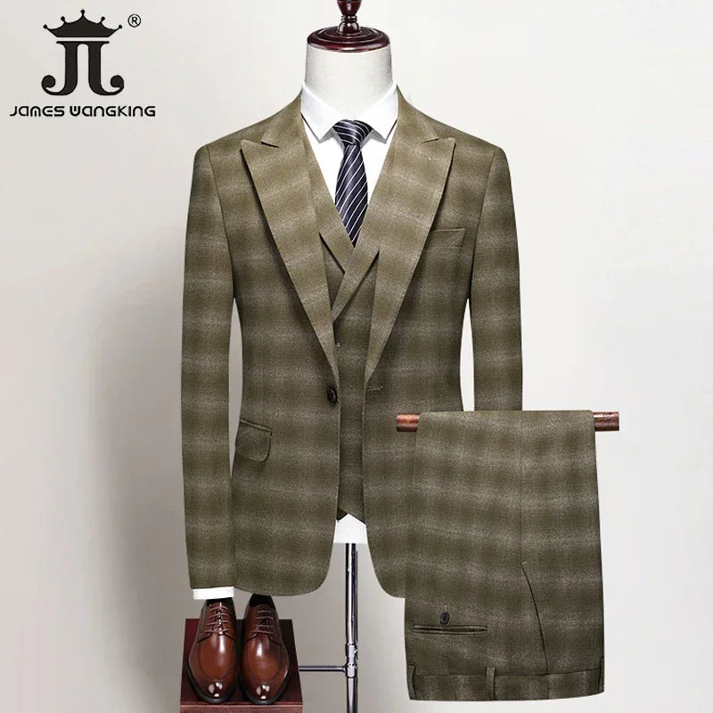 ( Blazer + Vest + Pants ) Boutique British Style Men's Suit Plaid Dress Business Casual Formal Suits 3Pcs Set