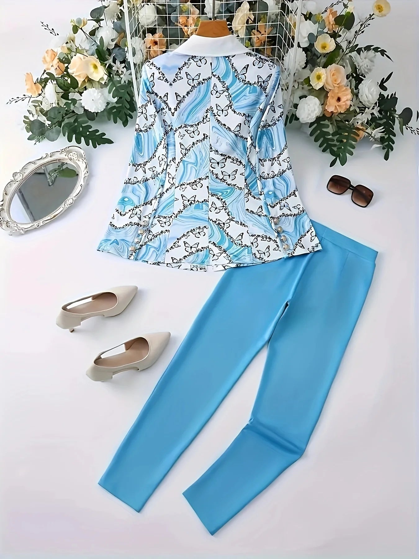 Ladies' Elegant Butterfly Print Two-Piece Set, Long Sleeved Lapel Suit Jacket and Slim Fit Pants, Suitable for Office and Work