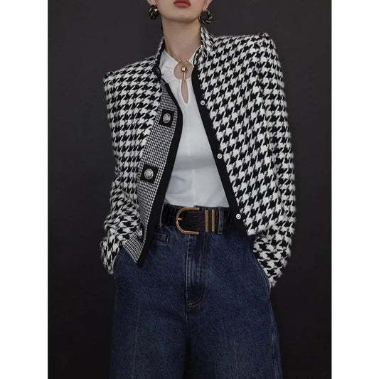 Houndstooth Classics Blazer Outerwear Vintage Stand Collar Long Sleeves