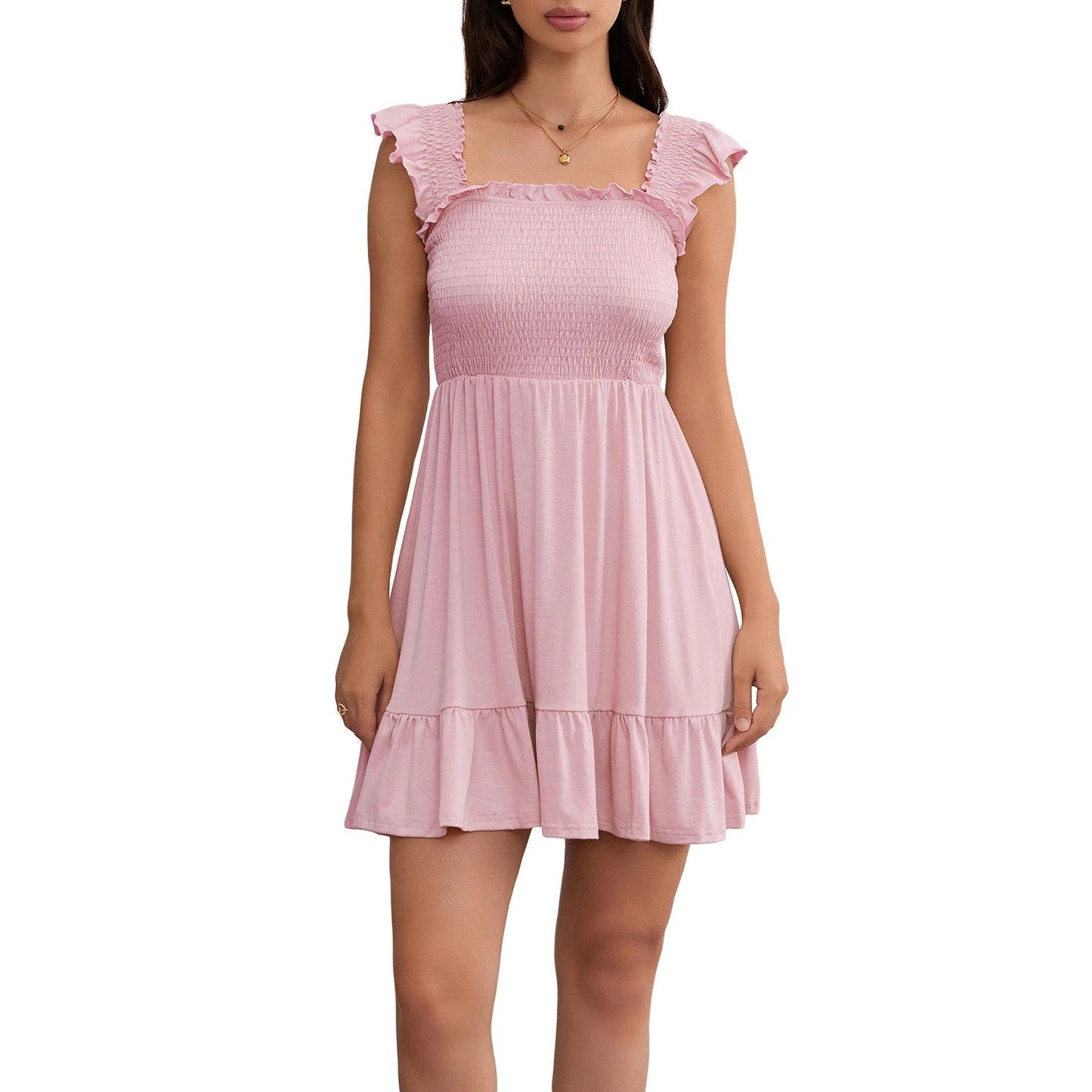 Solid Color Mini Dress Fly Sleeve Ruched A-line  Casual Dress