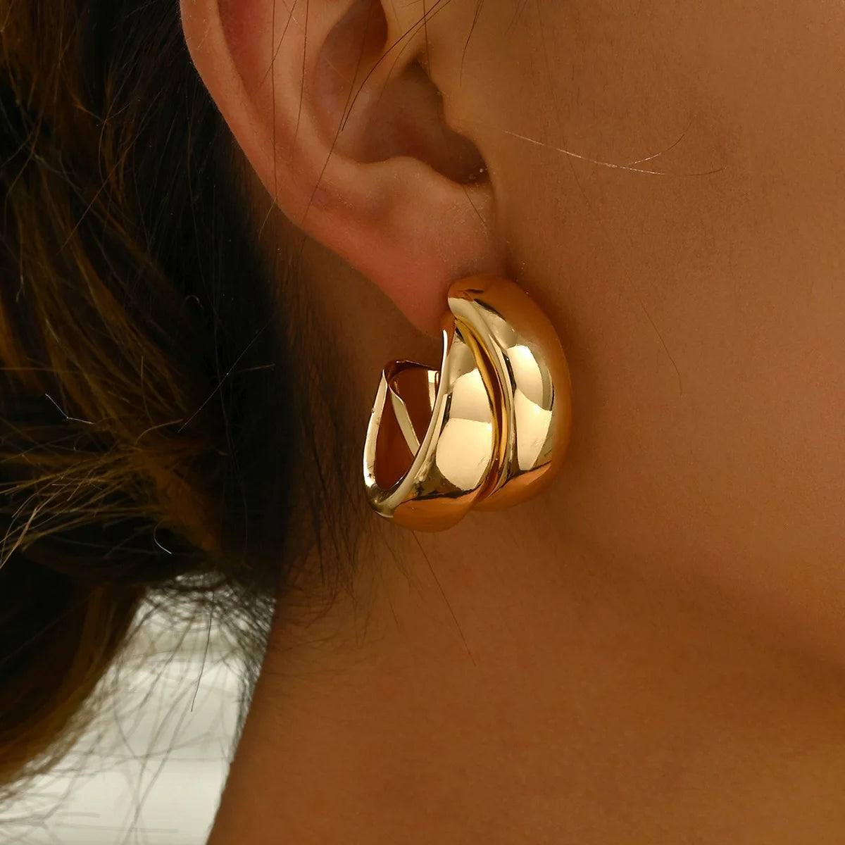Stainless Steel Chunky Hoop Earrings for Women Gold Color Double Ring Thick Geometric Drop Earrings Statement Jewelry