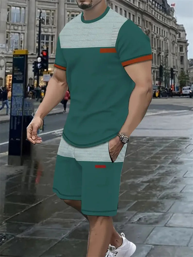 Men's Short-sleeved Shorts Suit Summer Fashion Round Neck T-shirt, Shorts Two-piece Street Shooting Casual Clothing