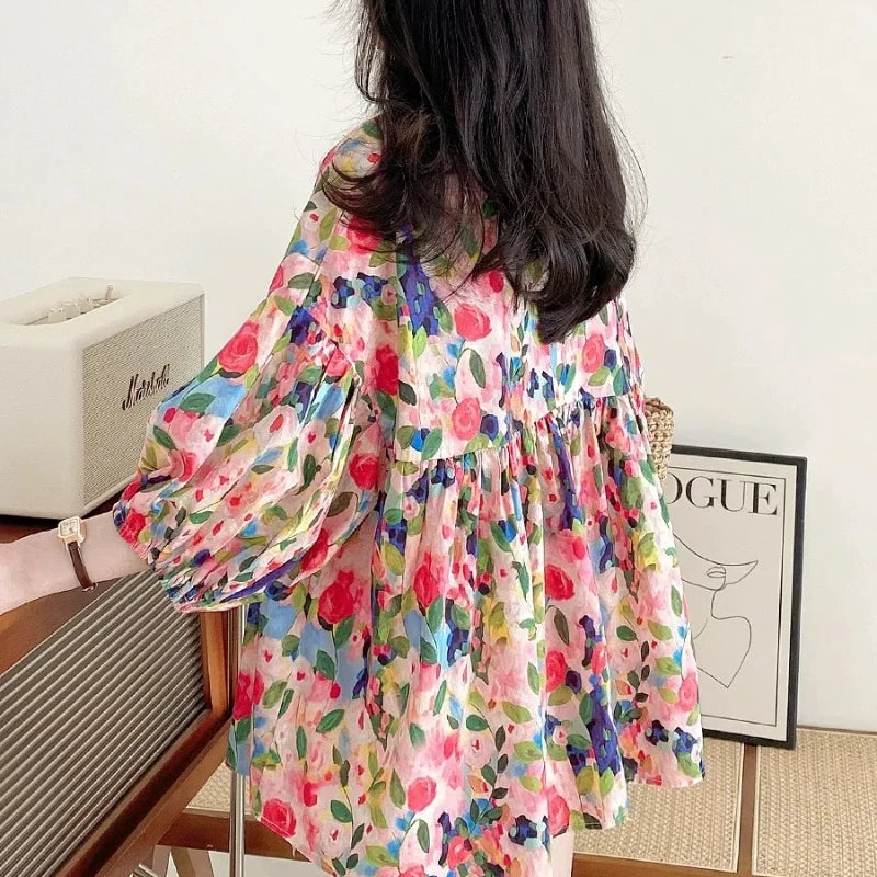 Spring Autumn  Round Neck Long Sleeve Printing Chiffon Blouses