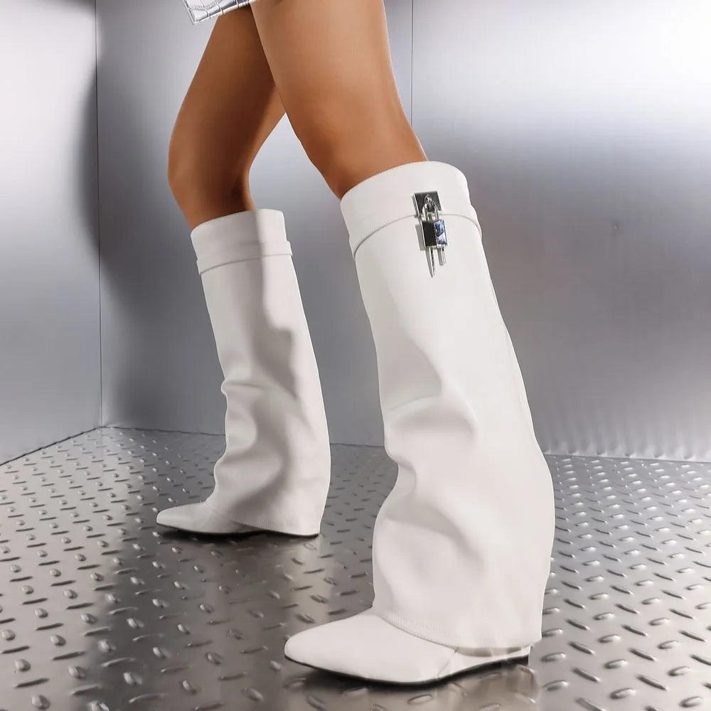 Fold Over Knee High Boots Pointed Toe High Wedges Heel Pull-on Metal Cool Fashion Shoes