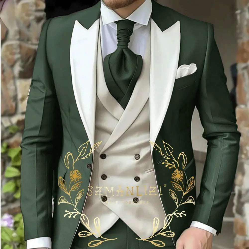 Classic Men's Suit 3 Piece Tuxedo Peaked Lapel Groomsmen Wedding Suits Set Fashion Men Business Blazer Pants Vest