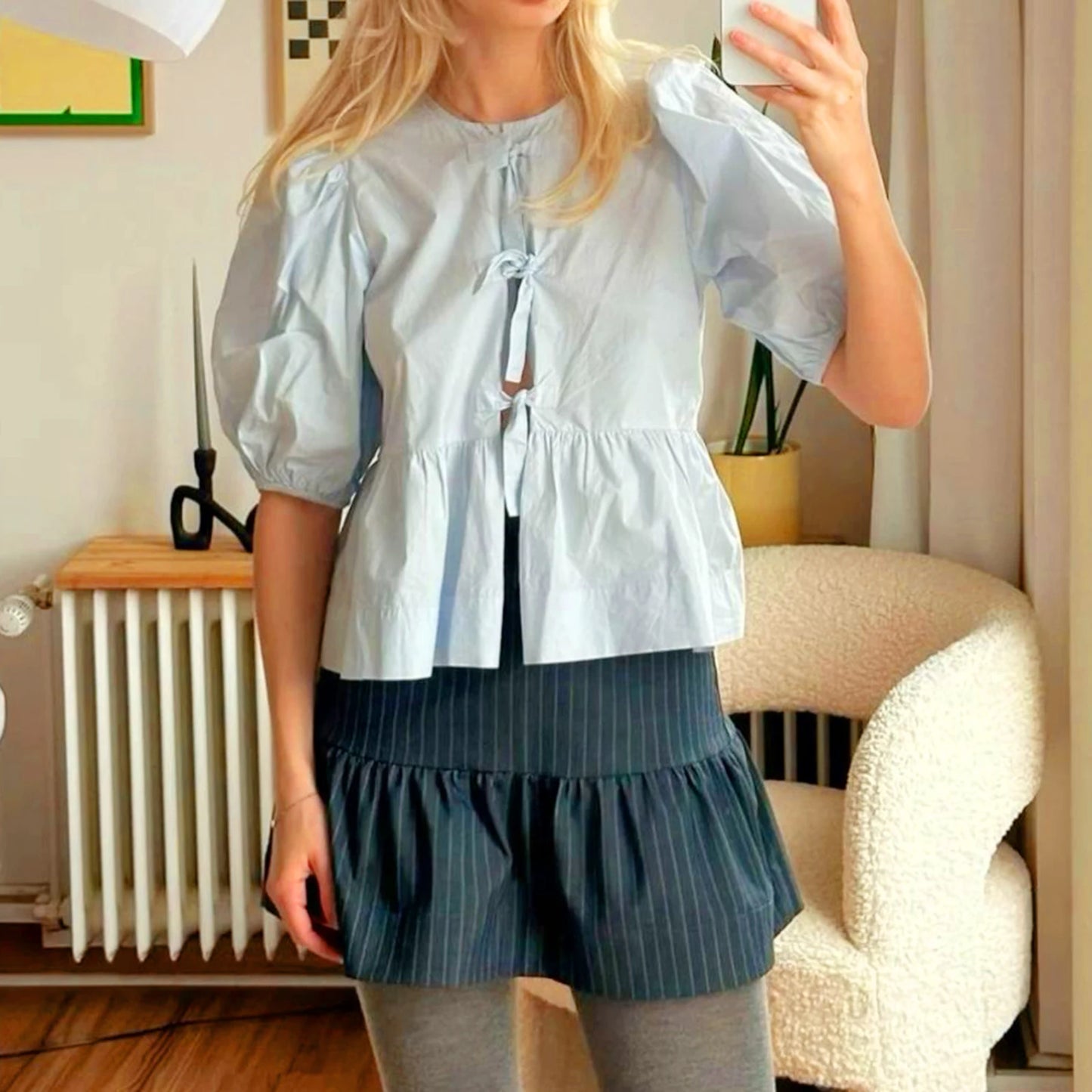 Fashion Women Peplum Shirt Puff Short Sleeve Lace Up Bow Blouse Tie Open Front