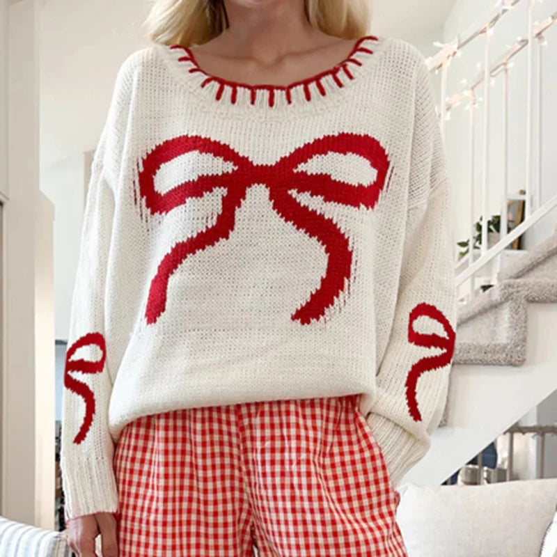 Bowknot Pattern Pullovers Women Autumn Long Sleeve Vintage Knitted Sweaters