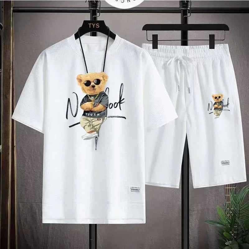 Fashionable Men's Sports Suit Summer Casual Short Sleeve O Neck T-shirt And Sports Shorts 3D Bear Printing 2-Piece Set