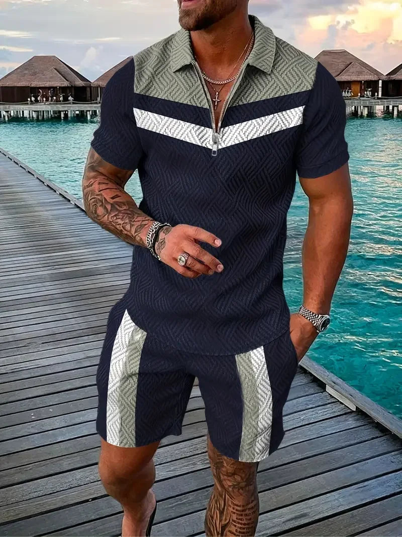 Zipper POLO Shirt Shorts Set Summer Fashion Casual Men's Sports Set 3D Printed Simple Style Lapel Zipper POLO Shirt 2 Sets
