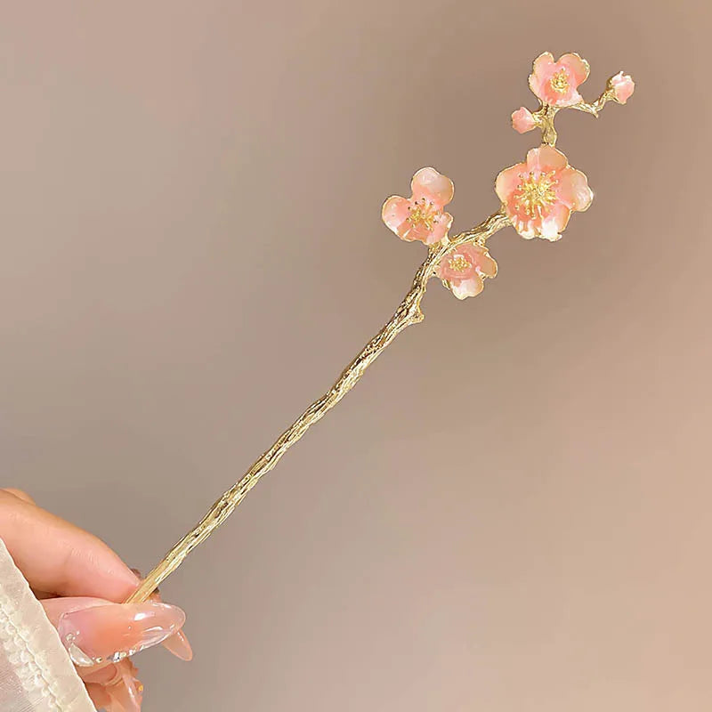 Classic Hair Stick Peach-blossom Hair Chopsticks Gold Plated Prong Updo Chignon Hairpin For Women Chinese Style