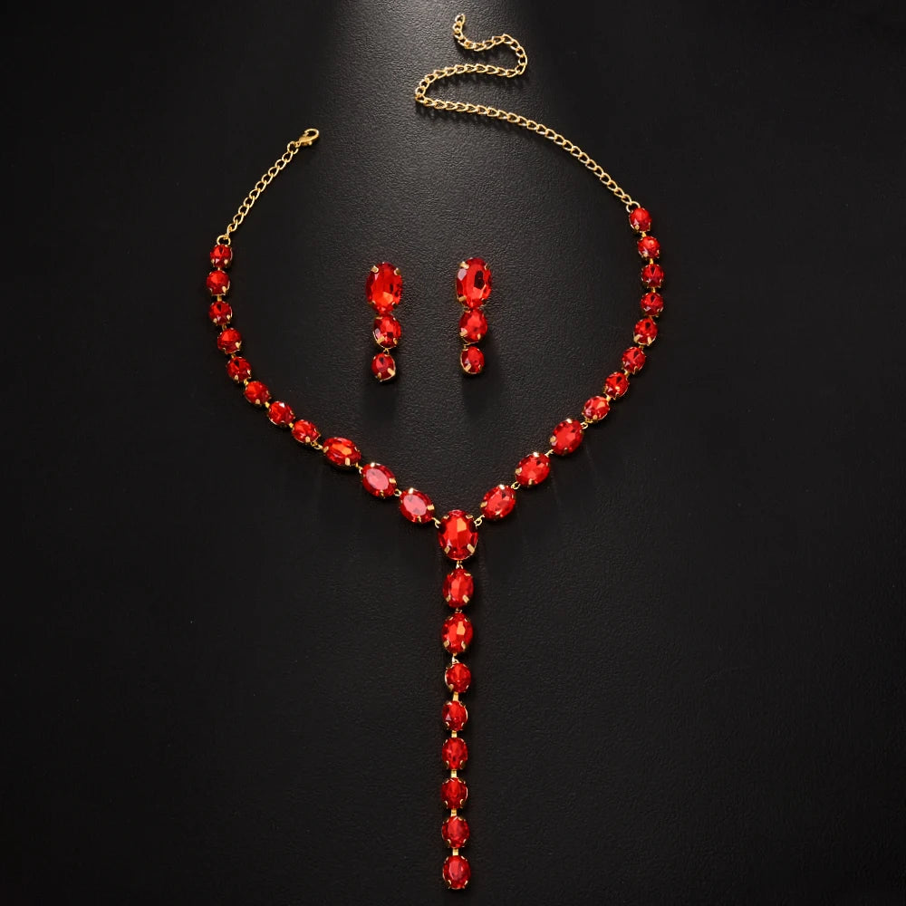Red Y Shape Necklace Earring Set  Rhinestone Crystal Design